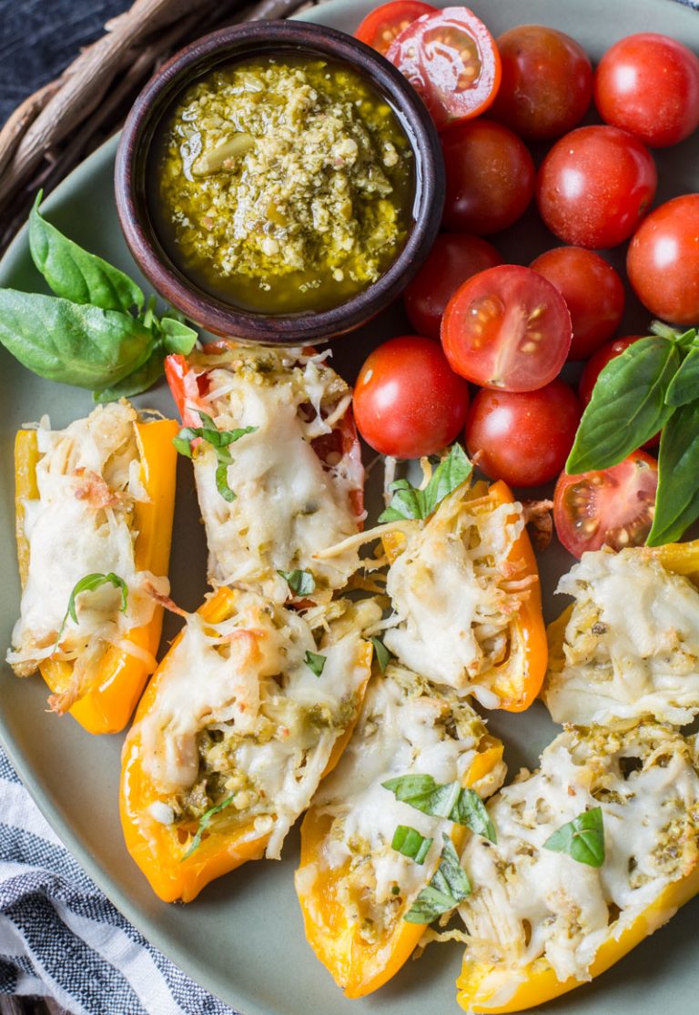 Keto Chicken Pesto Stuffed Sweet Peppers